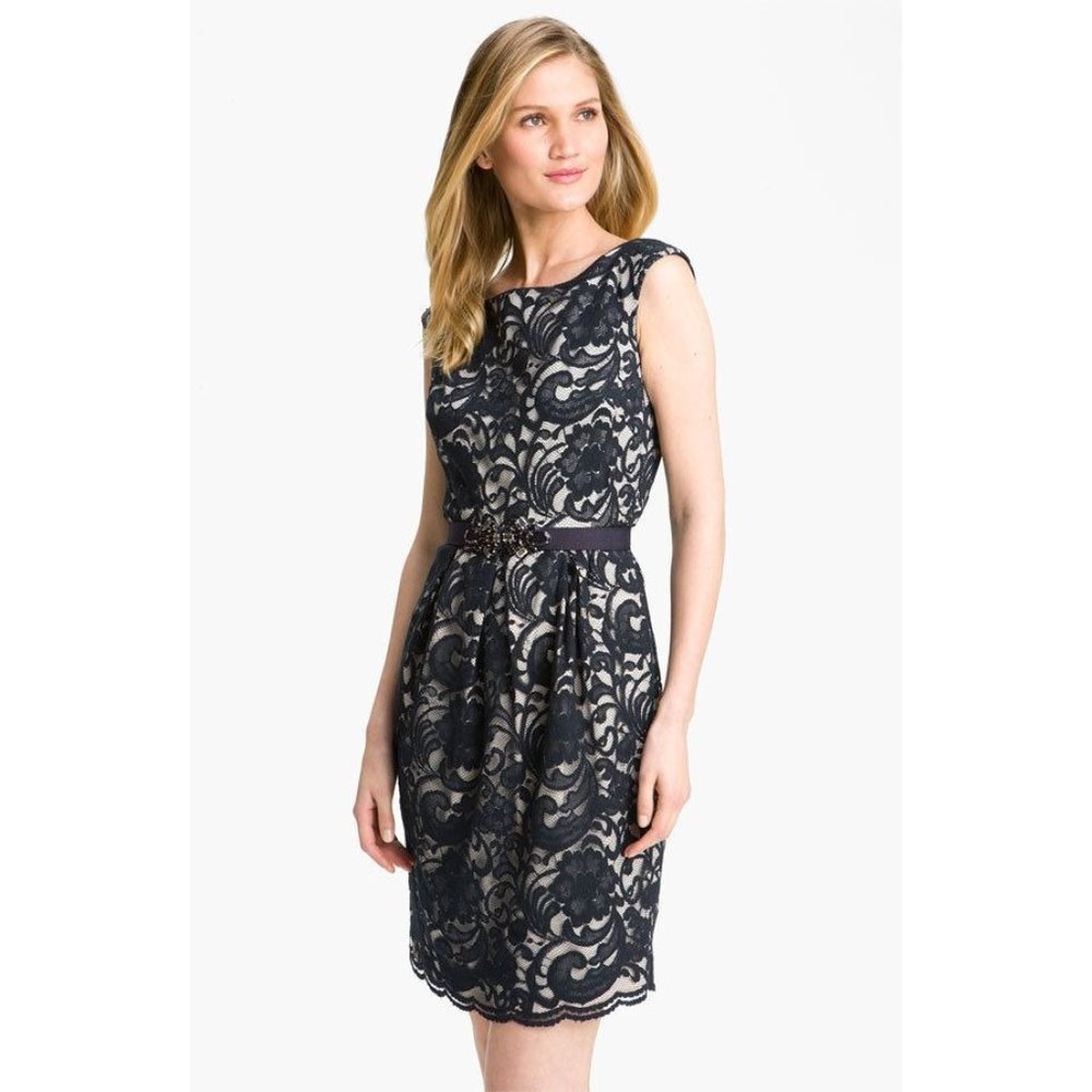 Eliza J Womens Lace Sheath Dress EJ2M2743 Back V Round Neck Black Cream Size 10
